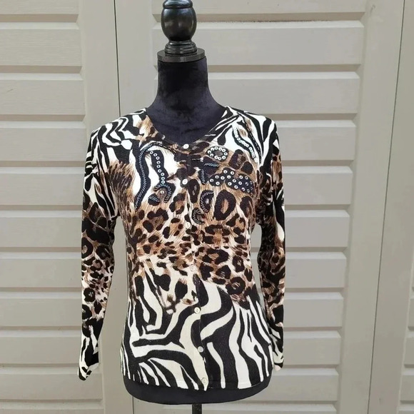Pierri Brown Black Animal Print Cardigan Sweater Embellished Long Petite M PM - Picture 1 of 5